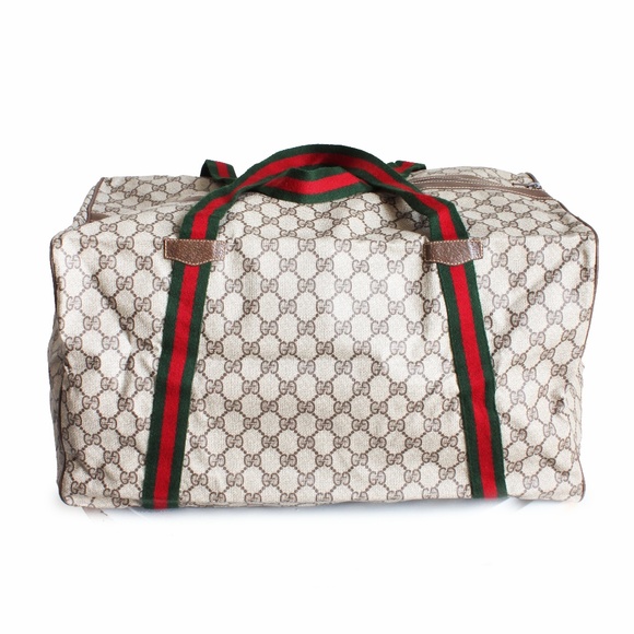 Gucci Duffle Bag GG Logo Canvas Brown Leather Trim Folding Travel Carry On 80s - Picture 3 of 15